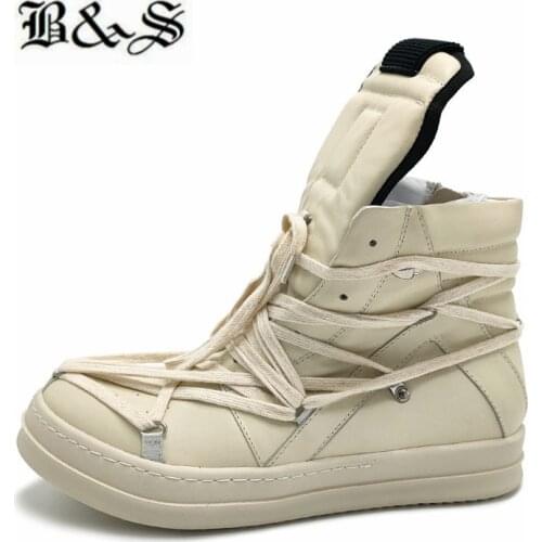 Black& Street 21ss Cross Strap Shoelace Personalize trainer genuine Leather sneakers Boots lace up Hip Hop Boots