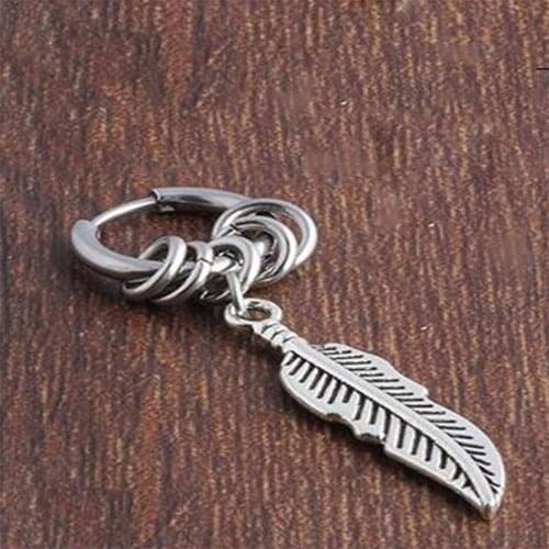 Feather Pendant Small Circle Hoop Earrings Punk Rock Hip Hop Style Women Men Unisex Stainless Steel Metal Earrings Ear Jewel