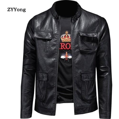 2020 Men Spring Motorcycle Casual Vintage Leather Jacket Coat Men Outfit Fashion Zipper Pocket Design PU Cool Leather Jacket