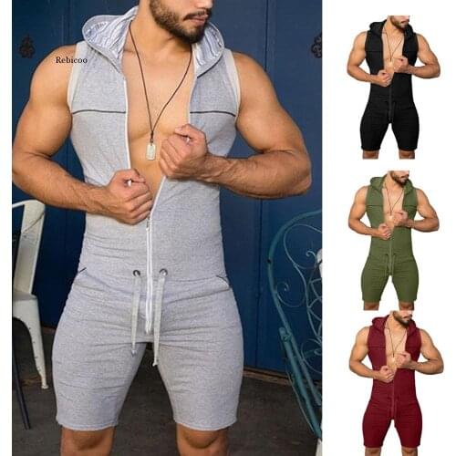Mens One Piece Tight Fitness Jumpsuit Zipper Sleeveless Hooded Rompers with Pockets Male Fashion Rompers Summer