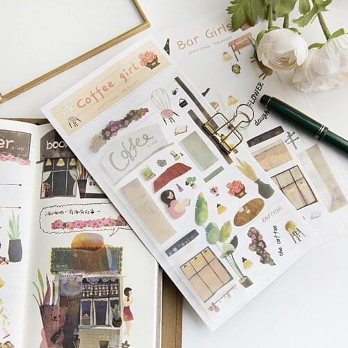Coffee Flower Bar Girl Stickers Painting Style DIY Scrapbooking Material Paper Hobby Craft Diary Photo Home Decoration