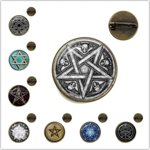 New Satanic Baphomet Pentagram Brooch Gothic Glass Cabochon Collar Pins Satanism Evil Occult Pentacle Jewelry Pagan Charm Gift