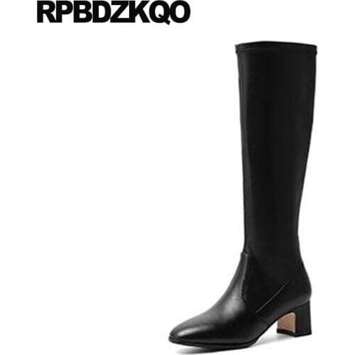 New Medium Heels Black Genuine Leather Pumps Designer Block Round Toe Size 33 Fashion Shoes 2021 Luxury Women Thick Chunky 4 34