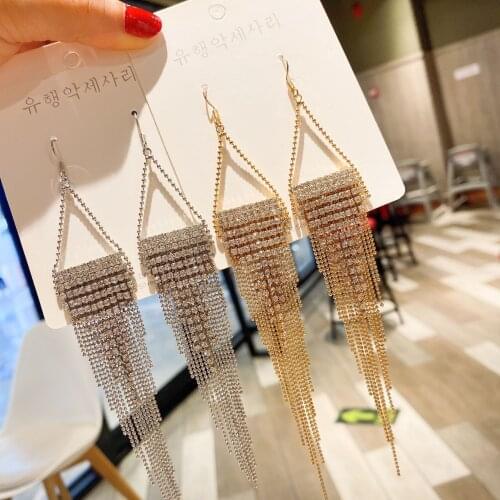 New Trendy Luxury Long Tassel Drop Earrings for Women Crystal Rhinestone Big Hanging Dangle Earrings Bride Wedding Jewelry