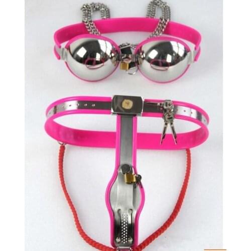 Chastity pink and black female chastity belt slave Bra+underwear fetish sex bondage set ,adult sex toys for couples