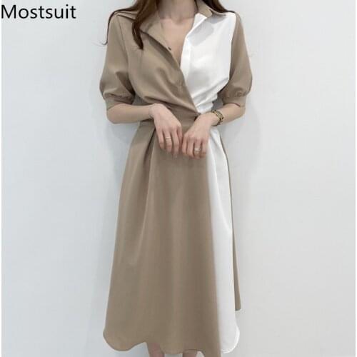 Chic Korean Color-blocked Women Long Dress Summer Short Sleeve Turn-down Collar Midi Dresses Stylish Fashion Ladies Vestido 2021