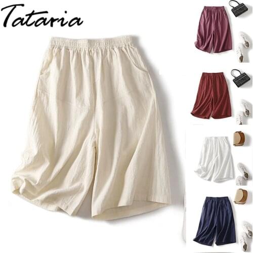 Streetwear Straight Shorts for Women Cotton Linen Knee-length High Waist Shorts Blue Wide Leg Causal Loose Shorts Female Capri