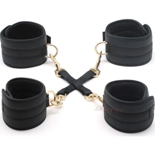 Smspade black PU underbed fetish bondage set handcuffs ankle cuffs fabric belt for versatile adult bondage play sex products