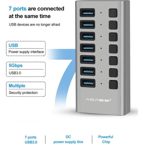 USB Hub 3.0 High Speed 7 Port USB 3.0 Hub Splitter On/Off Switch with EU/US Power Adapter for MacBook Laptop PC