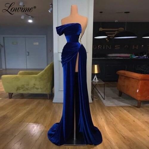 Royal Blue Mermaid Evening Dresses 2021 Customized Elegant High Split Celebrity Party Dress Robe De Soiree Velvet Long Prom Gown