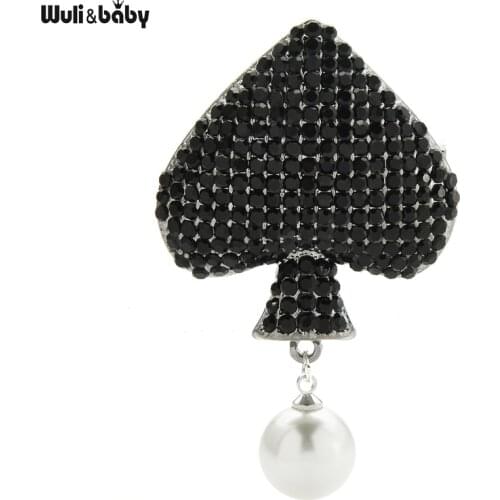 Wuli&baby Pearl Spade Brooches For Women Unisex Rhinestone Black Heart Party Office Brooch Pin Gifts