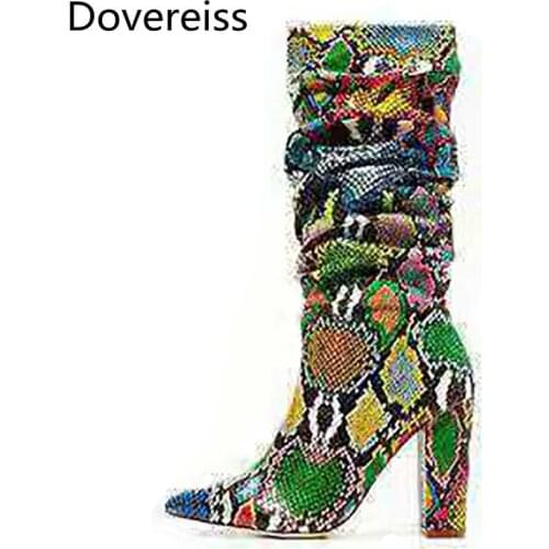 Dovereiss Fashion Womens Shoes Winter new Pointed Toe Sexy Elegant Mixed colors Knee high boots Concise Mature Snakeskin