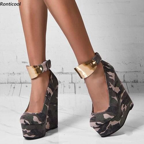 Ronticool Handmade Women Pumps Sexy Ankle Strap Wedges Heels Round Toe Camouflage Casual Shoes Women US Plus Size 5-20