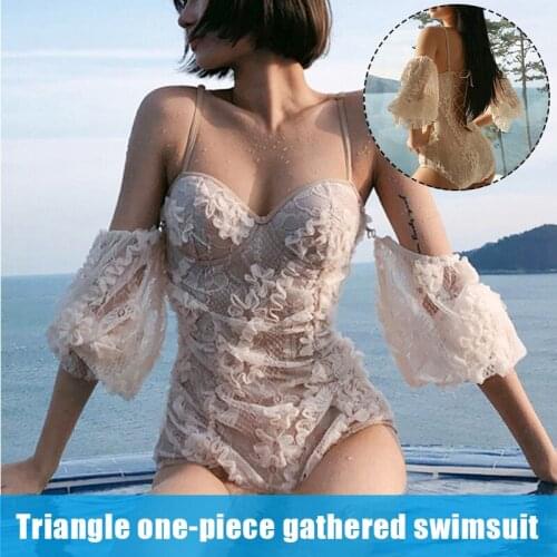 Females Retro V Neck Swimsuit High Waist with Steel Gather Pallets for Vacation d88