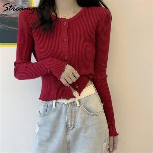 Streamgirl Women Knitted Cardigan Autumn 2021 Womens Sweater White Short Button Up Cardigan Top Women Winter Knitted Tops
