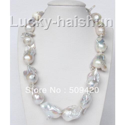 ~~ Free Shippingluster 18" 31mm white Reborn keshi pearl necklace filled gold dragon clasp