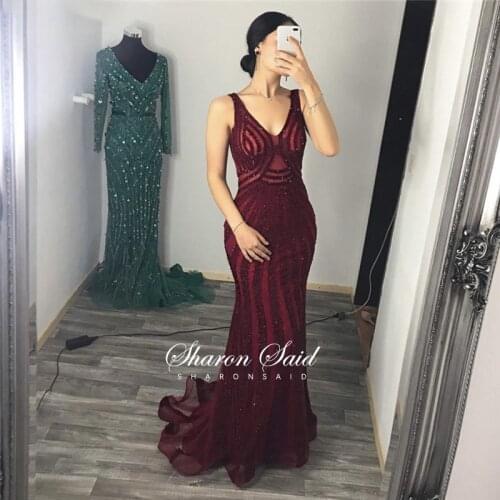 Burgundy Mermaid Evening Dress 2021 Luxury Dubai Beaded V-Neck Arabic Women Formal Party Gowns Long Wedding Prom Dresses Stock