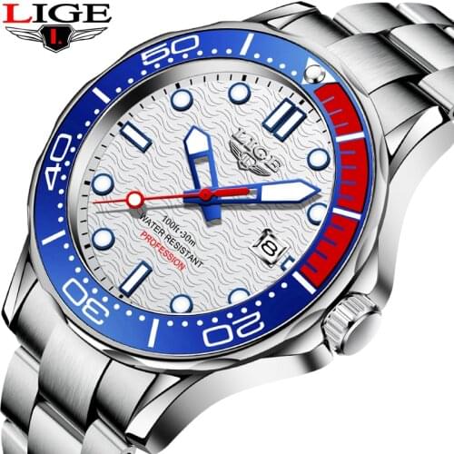 Watches Mens 2021 LIGE New Fashion Diver Men Watch Top Brand Luxury Stainless Steel Men Sport Quartz Watch Casual Luminous Clock
