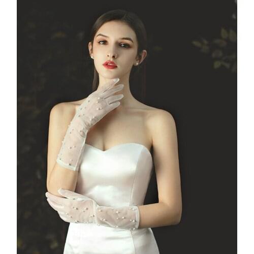 Elegant Bridal Meduim Elbow Gloves Plain Mesh Pearl Beading Finger Gloves for Wedding Travel Studio Photo Daily Life WG006