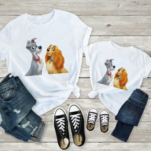 Cartoon Lady and The Tramp Tshirt Childrens Short-Sleeved Fashion Couple Tee Summer Casual Women T shirt Family Outfits