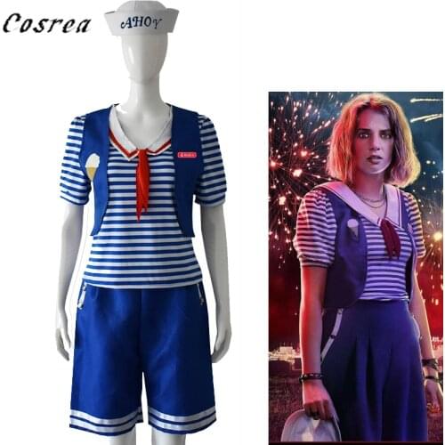 Stranger Things 3 Robin Scoops Cosplay Costume Blouse Pants Harrington Ahoy Uniform Working Sailor Navy Suit Outfit Shirt Vest