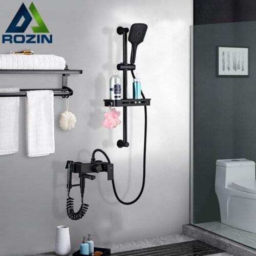 Matte black Shower Mixer In Wall Bath Shower Faucet with Sliding Bar Bidet Sprayer Head Shower Tap