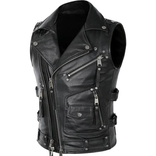 Motorcycle Classic Vest Mens Genuine Leather Cowhide Biker Waistcoat Punk Sleeveless Jacket Adjustable Size S-4XL