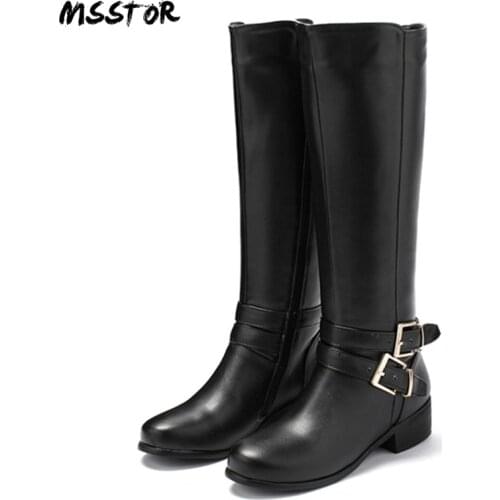 MSSTOR Round Toe Concise Fashion Knee High Boots Women Black Plus Size Women Winter Boots Zipper Casual Flat Long Boots 3.5CM