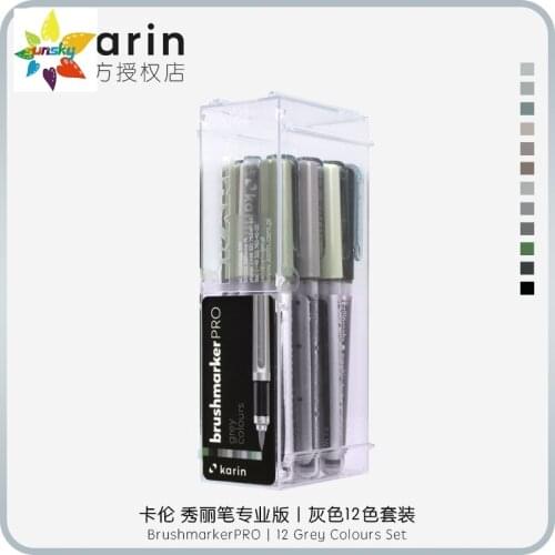 Original KarinMarkers Brushmarker PRO| 12 Grey Colours Set Flexible soft pen in block letters Professional Art supplies