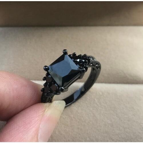 Luxury Square Crystal Thin Engagement Ring Punk Female Black Zircon Stone Ring Classic 14KT Black Gold Wedding Rings For Women