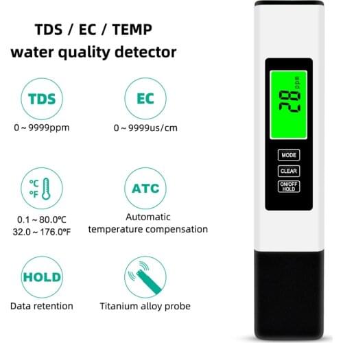 KKmoon 3 in 1 Water Quality Tester Water Quality Analyzer TDS/EC/Temperature Meter Data Hold Backlight Display Tester White