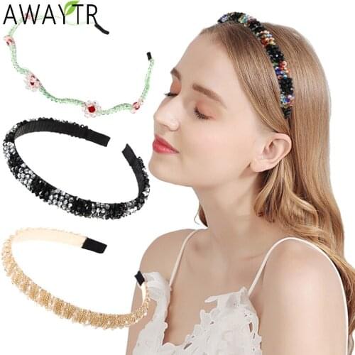 AWAYTR New Rhinestone Full Crystal Headbands for Women Girls Elastic Hairbands Wide Bezel Baroque Diamond Tiara Hair Accessories