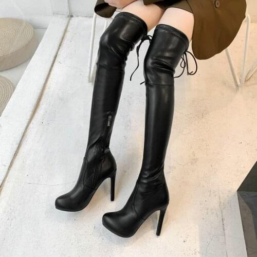 2021 Ladies Slim Sexy Thigh Boots Spring Autumn Cross Tied Long Boots Female Fashion Platform Stiletto Heel Zipper Womens Shoes