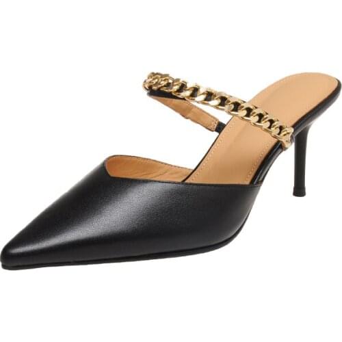 Kmeioo women genuine leather pointed Toe Solid Gingham high heel Slippers Summer Fashion Slip On causal sandals plus size 7 cm