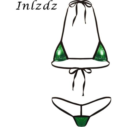 Womens Mini Bikini Lingerie Set Shiny Metallic Sex Costume Halter Neck Tie-on Mini Bra Top with G-String Thong Briefs Underwear