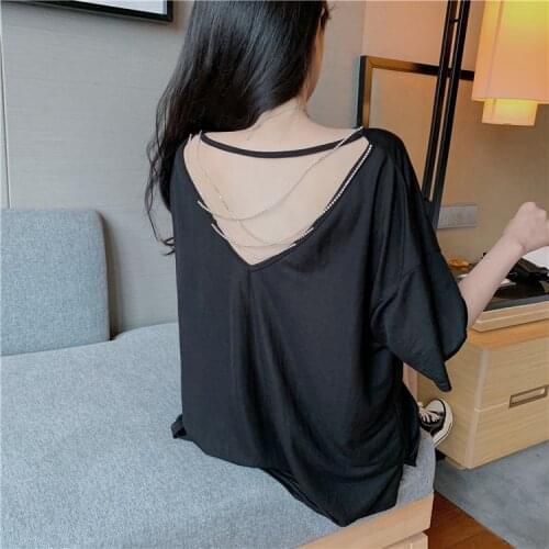 Korean Style Woman Tshirts 2021 Summer Chic Chain Backless Side Slit Half Sleeve T-Shirt Casual Loose Tops Black White T575