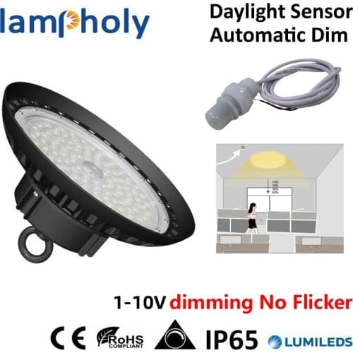 100W 150W 200W UFO led high bay light with daylight sensor automatic dim against ambient lux keeping sufficient lux 0-10V dim