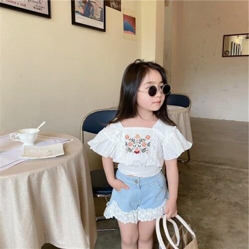 2021 Summer Girls Fashion Emboridery Short Sleeve Blouse Baby Kids Children Casual Shirt