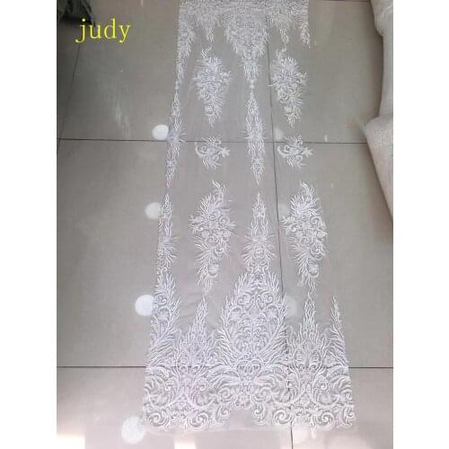 5yards White embroidery lace sequined beads fashionable European and American style fabric used for wedding dress design FH