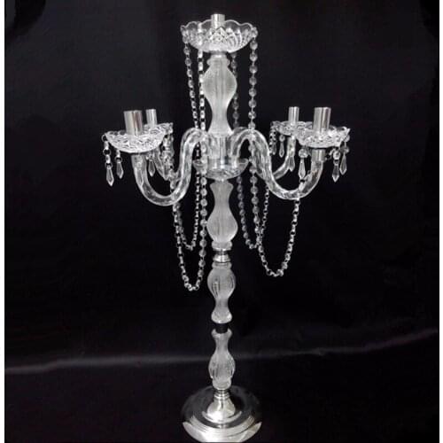 90cm Tall Acrylic 5-arms crystal candelabras with pendants wedding candle holder Table centerpiece 10pcs/lot
