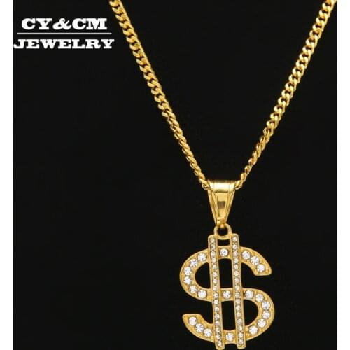 CY&CM Men Women Gold Color Hip Hop Bling Bling US Dollar Sign Chain Pendant Necklace Stainless Steel Rhinestone Iced Out Jewelry