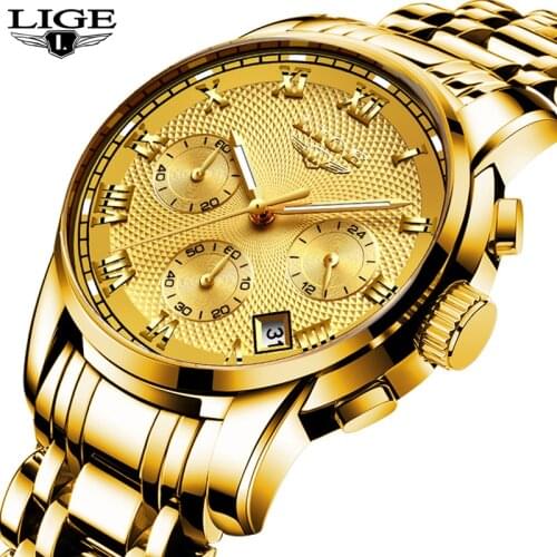 LIGE 9849 Fashion Men Business Calendar Chronograph Sports Steel Band Waterproof Luxury Quartz Wristwatches Clock Male