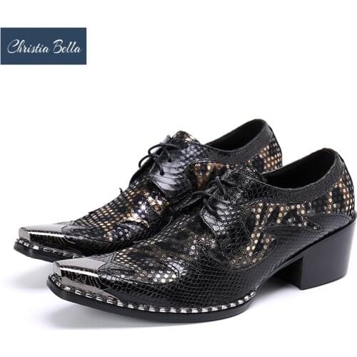 Christia Bella British Party Men Oxford Shoes Mid Heel Genuine Leather Brogue Shoes Male Business Formal Dress Shoes Big Size