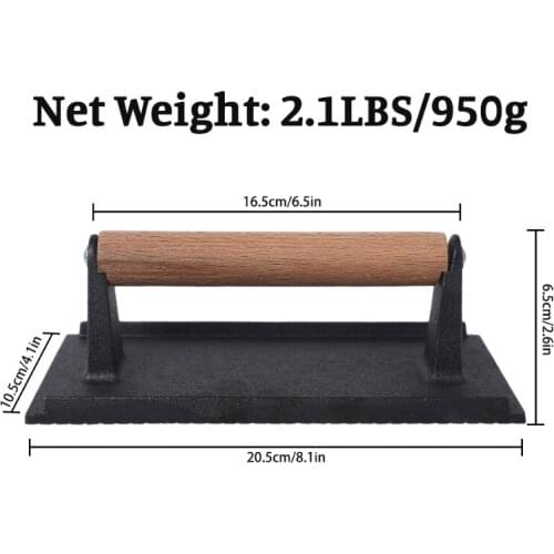 C5AD Cast Iron Grill Press Steak and Burger Press with Wooden Handle for Grills Pre-Seasoned Rectangular Barbecue Hamburger