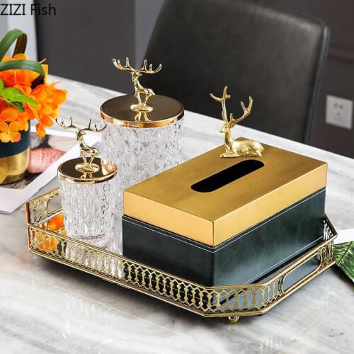 European Style Brass Lid Dark Green Leather Tissue Box Living Room Coffee Table Table Luxury Tissue Box Metal Mirror Tray Decor