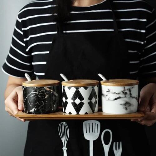 Ceramic Seasoning Pots Bowls Spice Set With Spoon Bamboo Cover Salt Container Condiment Jars Bottles