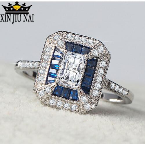 Diana Spencer Princess Ring Blue AAAAA Zircon Crystal Silvery Anniversary Wedding Band Rings For Women Men Finger