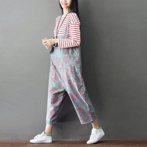 Mori Girls Baggy Jumpsuit Hip-Hop Boho Bib Overalls Cotton Suspenders Wide leg pants Printing Calf Length Overalls Trousers YT03