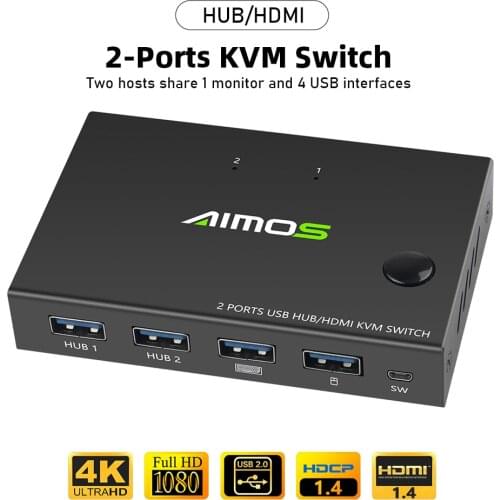 AIMOS AM-KVM201CC 2-Port KVM Switch HDMI-compatible splitter 10Gbps USB Switch Splitter for 2 PC Sharing Keyboard Mouse Printer