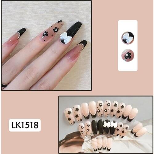 Fake Nails Long Black Small Flower Wave Dot Butterfly Nail Stickers Complete Nail Stickers 24 Nail Stickers With Glue